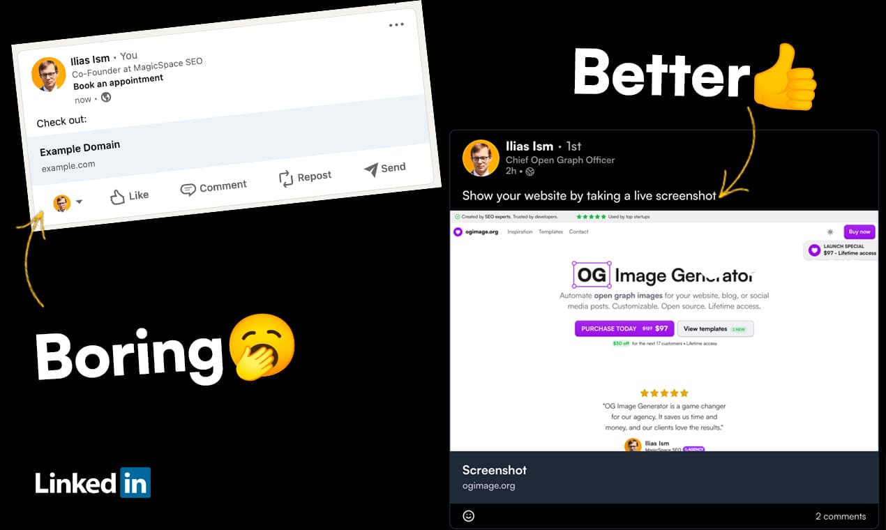 Before and after of a boring and a better linkedin card image